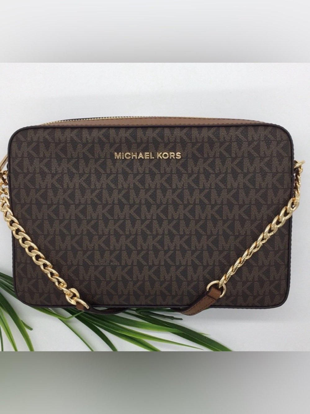 Michael Kors Brown Logo Messenger Bag with Gold Chain